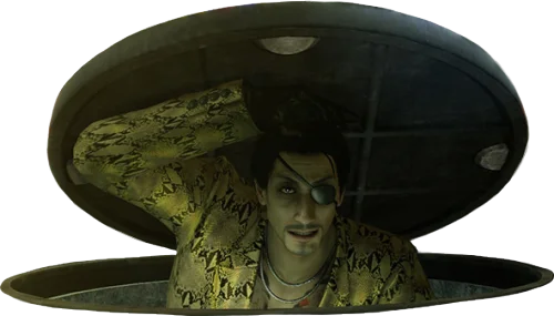 Majima emerging from manhole in yellow jacket.