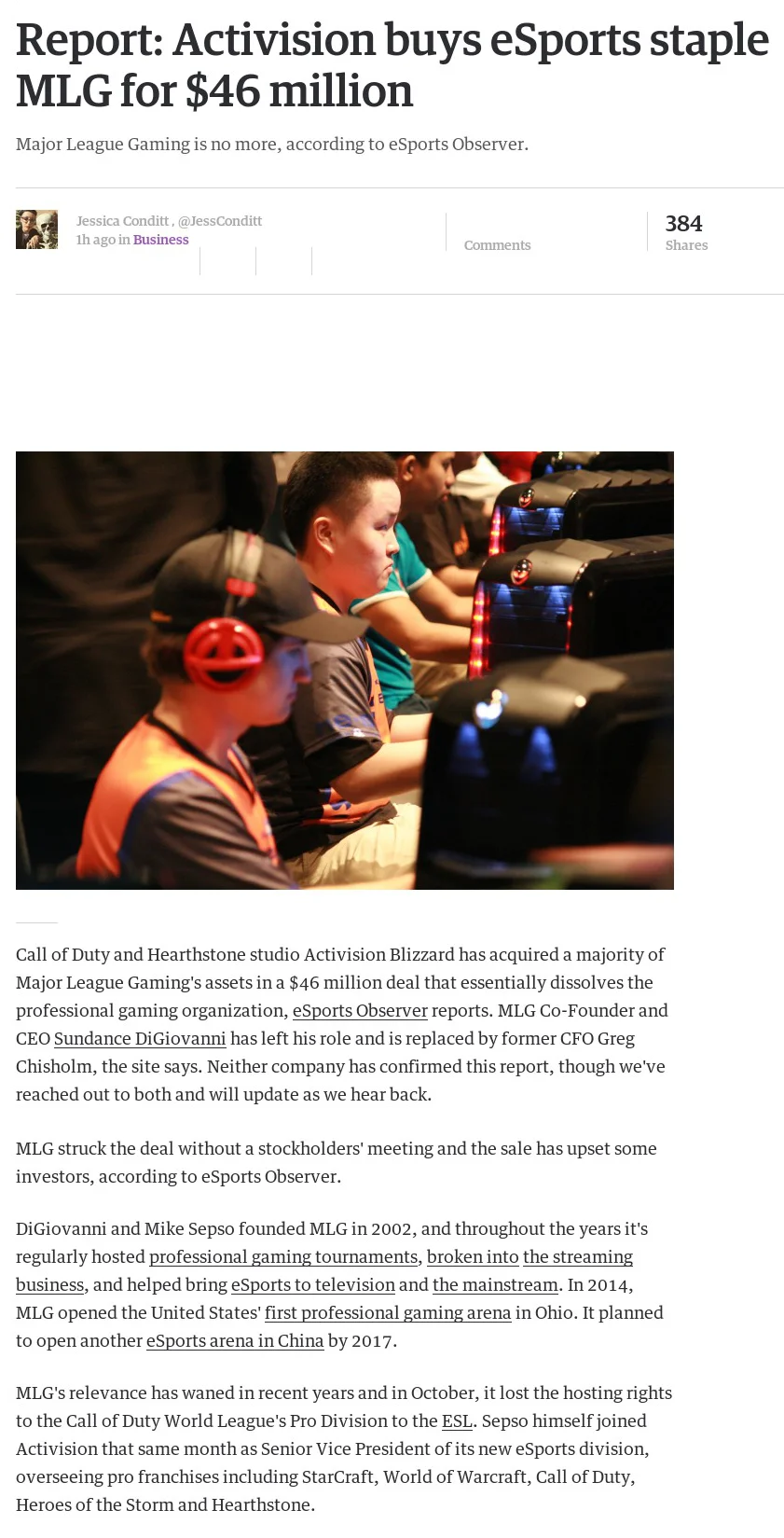News coverage of Activision Blizzard's 2016 acquisition of Major League Gaming's assets for a reported $46 million.
