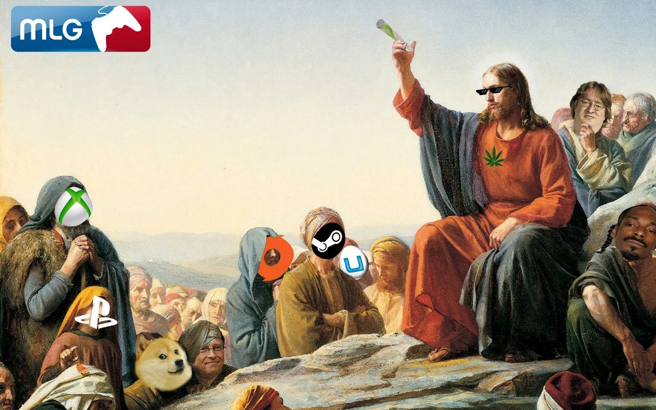 An MLG edit of the Sermon on the Mount, casting Jesus with deal-with-it shades and a blunt while console mascots look on.