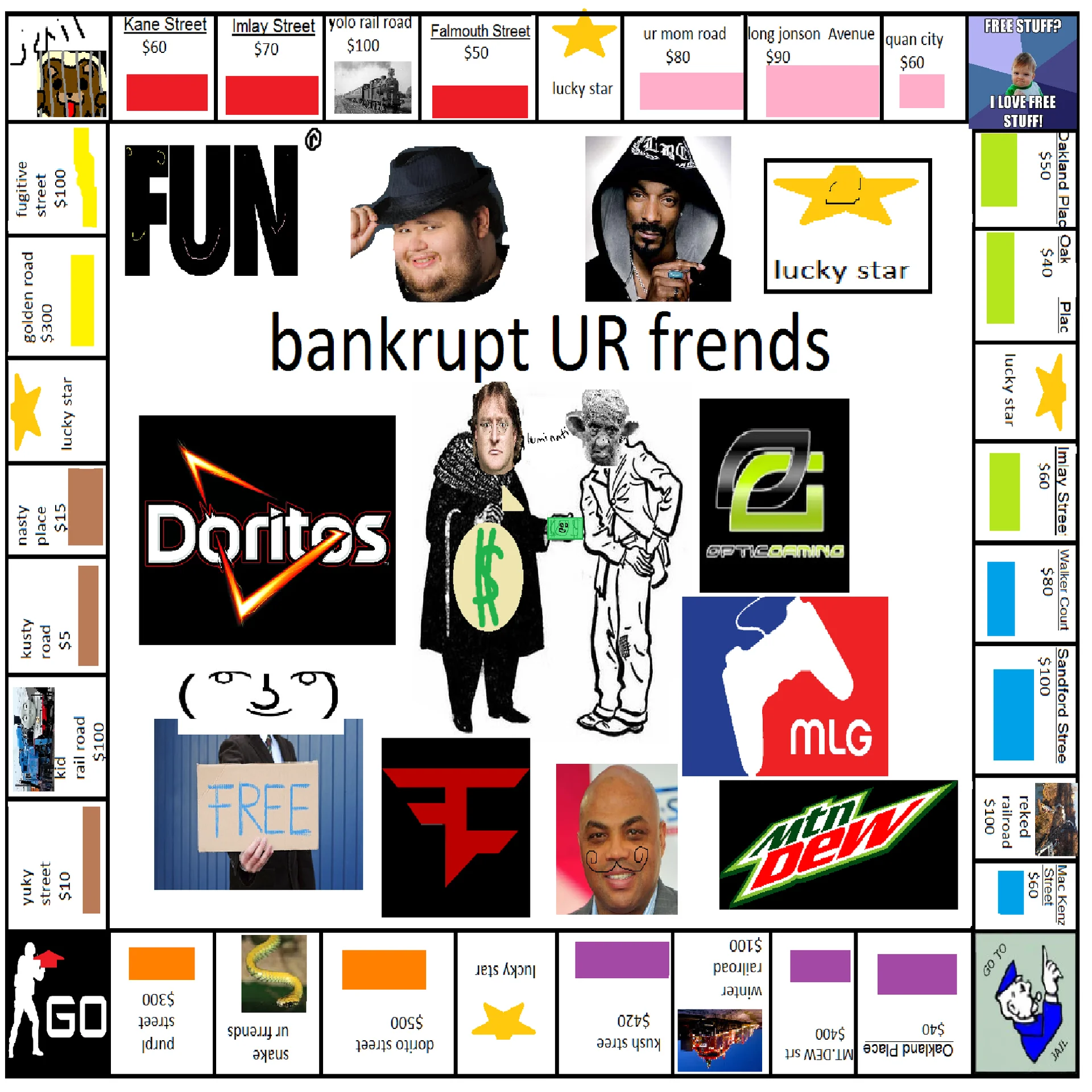 A fan-made 'bankrupt UR frends' Monopoly parody stuffed with MLG-culture iconography — Doritos, Mountain Dew, MLG, FaZe and OpTic Gaming.