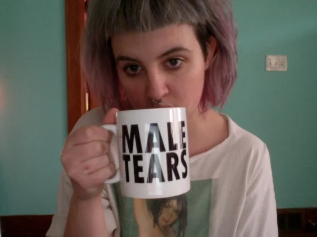 A 'Male Tears' mug photographed on Tumblr, one of the iconic visual expressions of the feminist joke turned internet meme.