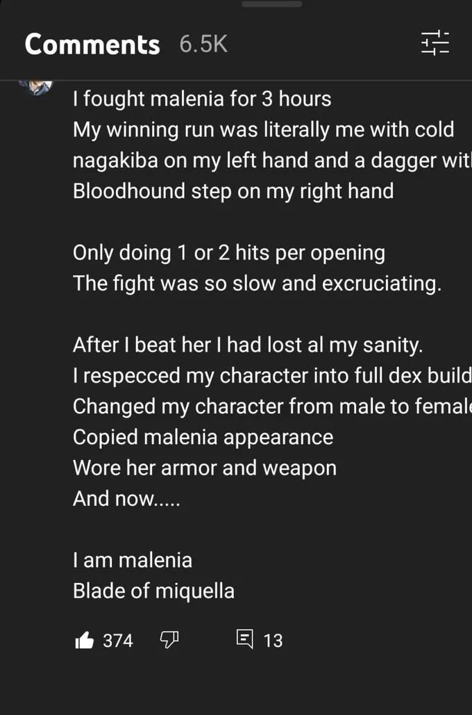 YouTube comments discussing Malenia fight tactics.