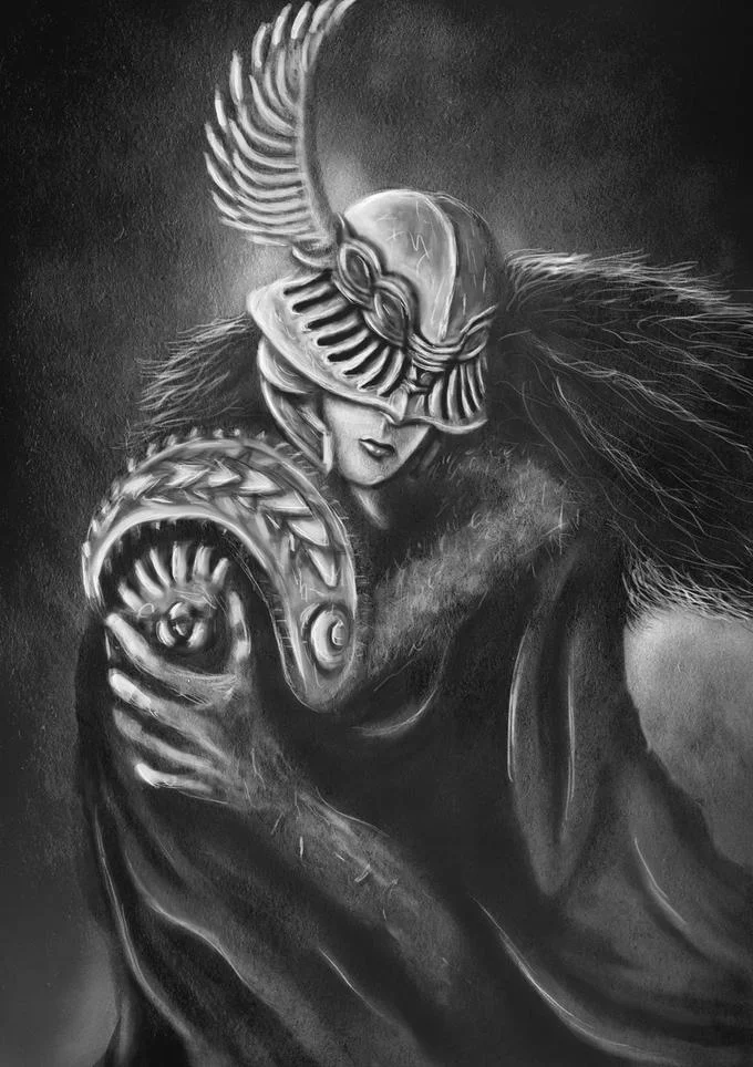 Black and white Malenia fan art illustration.
