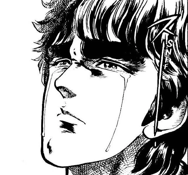 Manga scene from Fist of the North Star Vol. 24 where Kenshiro's emotional dialogue exemplifies the 'manly tears' trope.