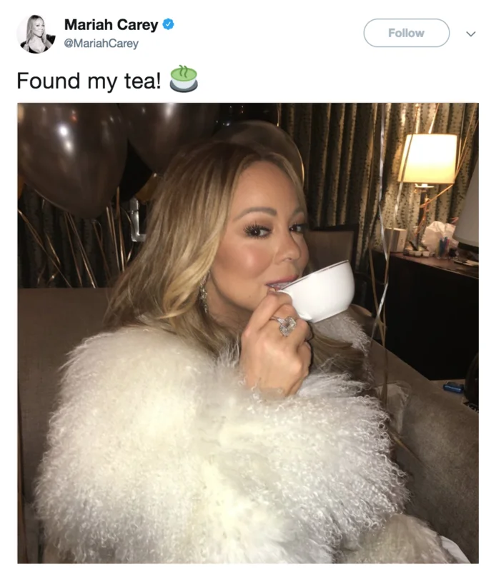 Mariah Carey's 'Found my tea!' tweet, which spawned a follow-up meme about her hot tea request.