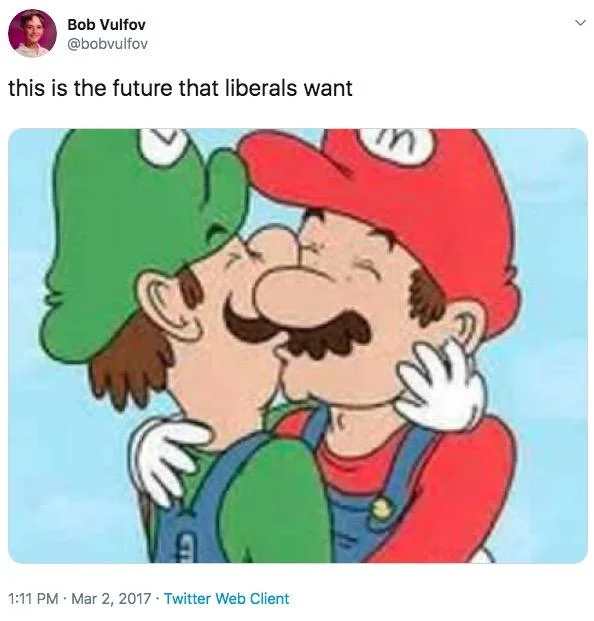 Bob Vulfov's 2017 tweet was one of the earliest viral uses of the Mario and Luigi kissing image as a reaction meme.
