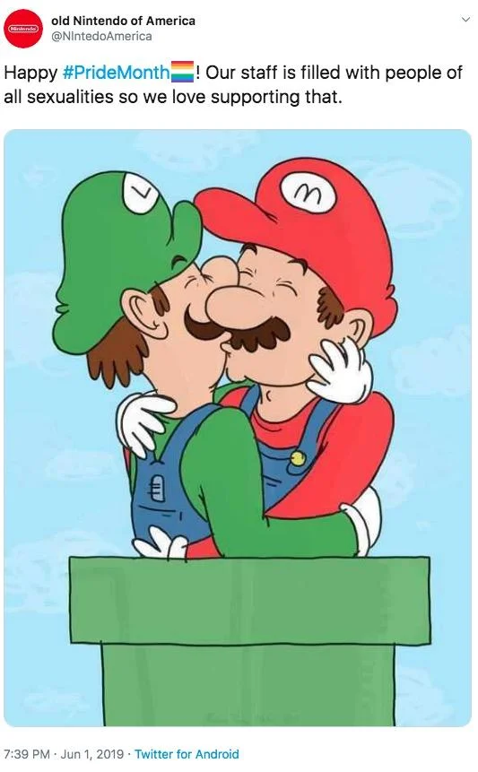 A widely circulated parody tweet attributed to Shigeru Miyamoto reacting to the Mario and Luigi kissing artwork.