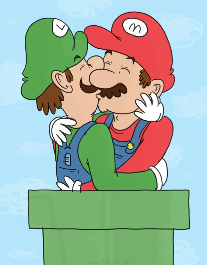 The original full-scene fan art depicting Mario and Luigi kissing as they rise out of a warp pipe.