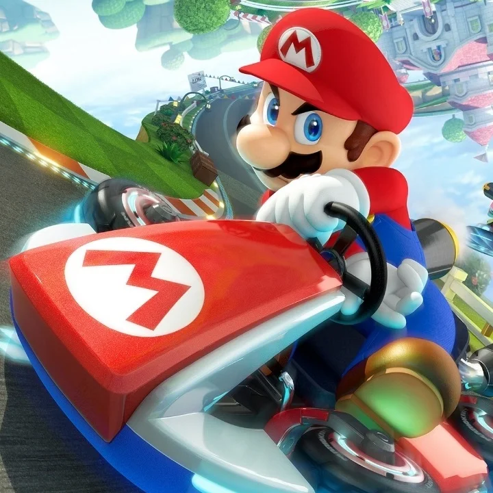 Official promotional artwork of Mario racing in his red kart, featured in Mario Kart 8.