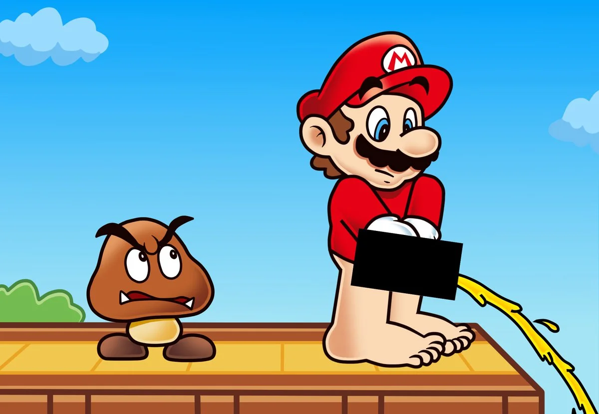 A Super Mario Odyssey screenshot edit reenacting the 'Mario Pissing' meme with the caption 'time to take a PISS'.