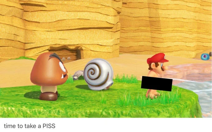 A cartoon rendition of the 'Mario Pissing' meme depicting Mario relieving himself beside a Goomba on a Mario-style platform.