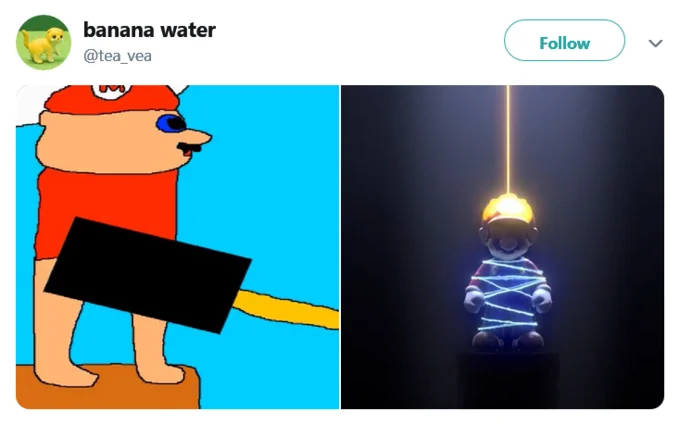 A viral Twitter post by @tea_vea juxtaposing the censored 'Mario Pissing' drawing with a photo of a bound Mario figure.