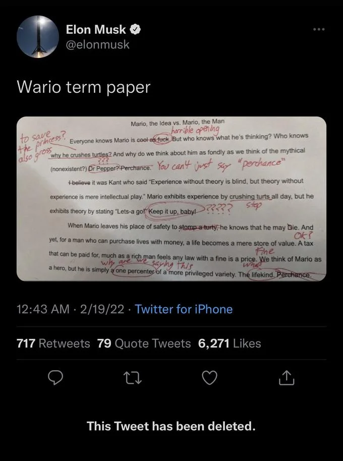 Elon Musk's now-deleted tweet about the essay.