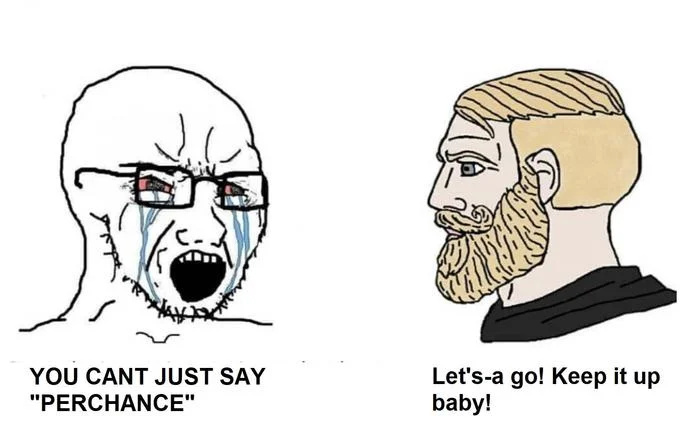 Reaction meme about essay's perchance usage.