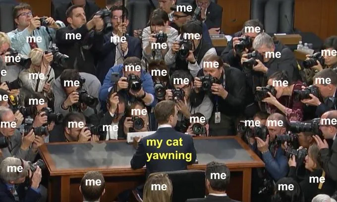 A meme using the swarm of press photographers around Zuckerberg to satirize Facebook's approach to user privacy.