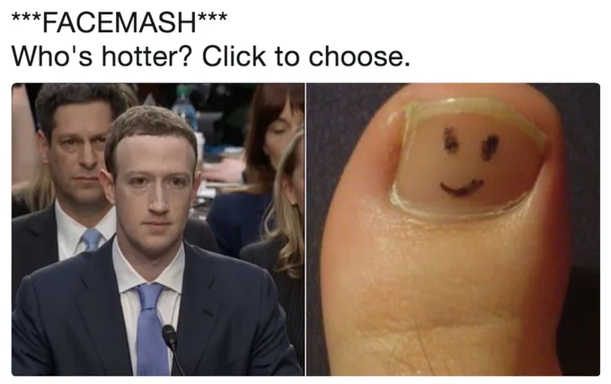 A joke referencing Zuckerberg's college-era Facemash website, comparing a Mr. Potato Head figure to a congressman who questioned him during the hearings.