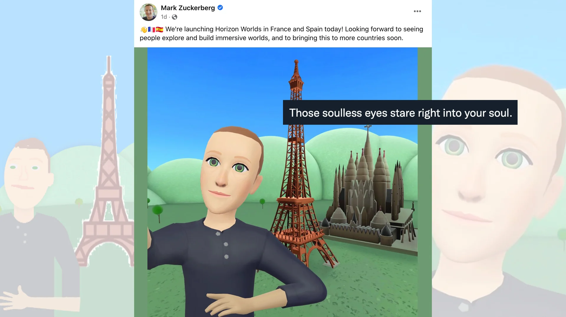 The original Facebook post from Mark Zuckerberg announcing Horizon Worlds' European expansion, featuring the avatar that sparked widespread mockery.
