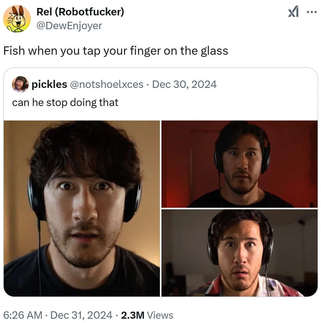 A viral 2024 tweet using Markiplier's shocked reaction photos to compare him to a startled fish, gaining 2.3M views.