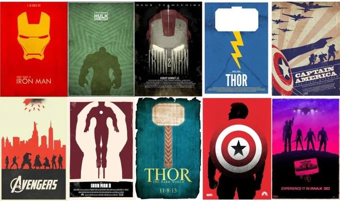 A gallery of stylized minimalist posters covering the MCU's Phase One and Phase Two theatrical releases.