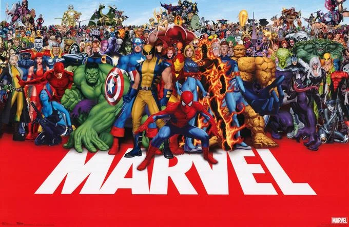 A promotional poster displaying the vast roster of Marvel Comics characters, including the Avengers, X-Men, Fantastic Four, and Spider-Man.