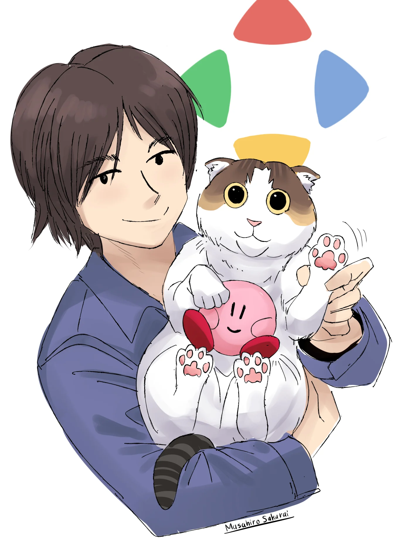 A fan-style illustration referencing Sakurai's love of cats, his creation Kirby, and the Super Smash Bros. franchise.