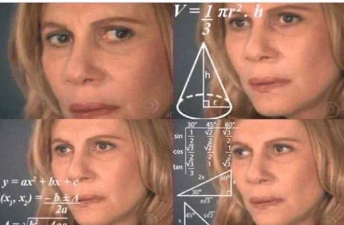 The original Math Lady / Confused Lady four-panel image featuring Renata Sorrah surrounded by mathematical formulas.