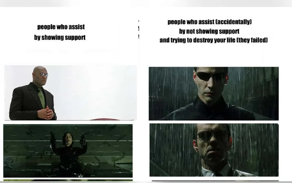 Matrix character comparison meme format.