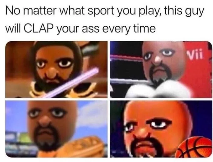 A four-panel meme highlighting Matt's dominance across every Wii Sports discipline, from swordplay to boxing to basketball.