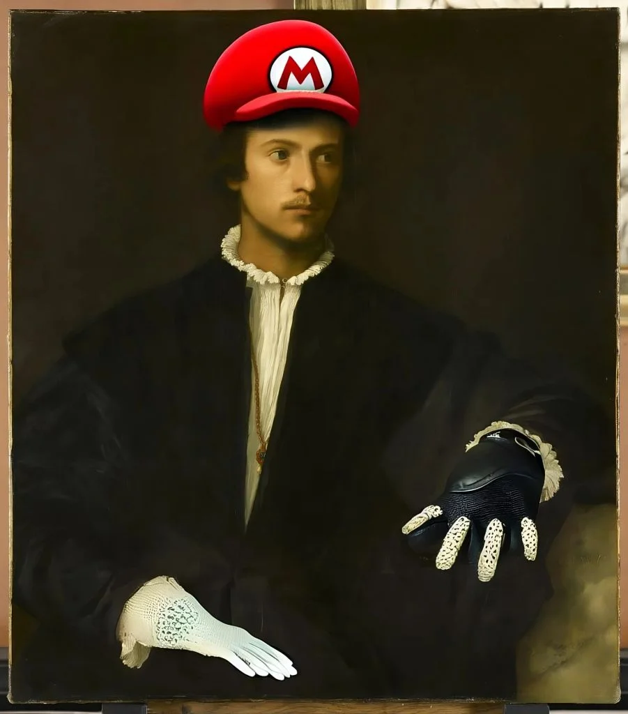 Absurdist art combining Renaissance and Mario aesthetic.