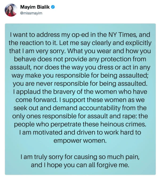 Bialik's formal apology addressing the backlash to her op-ed, affirming that victims are never responsible for being assaulted.
