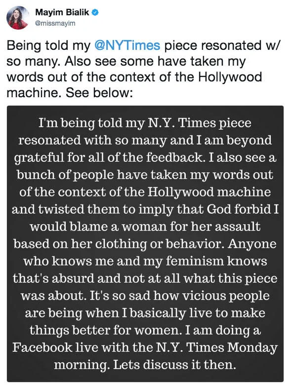 Bialik's initial response to the backlash, claiming her words about the Hollywood machine had been taken out of context.