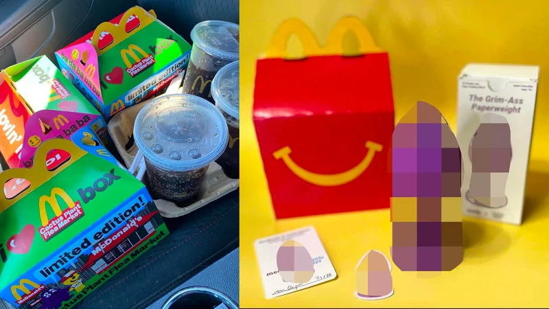 Composite showing meal packaging and toys.