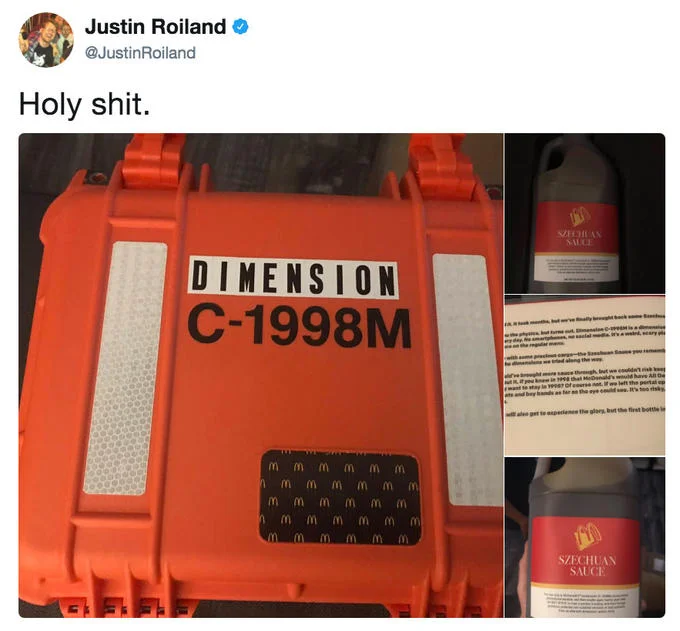 Justin Roiland's viral tweet unboxing the exclusive Dimension C-1998M Szechuan Sauce package sent by McDonald's.