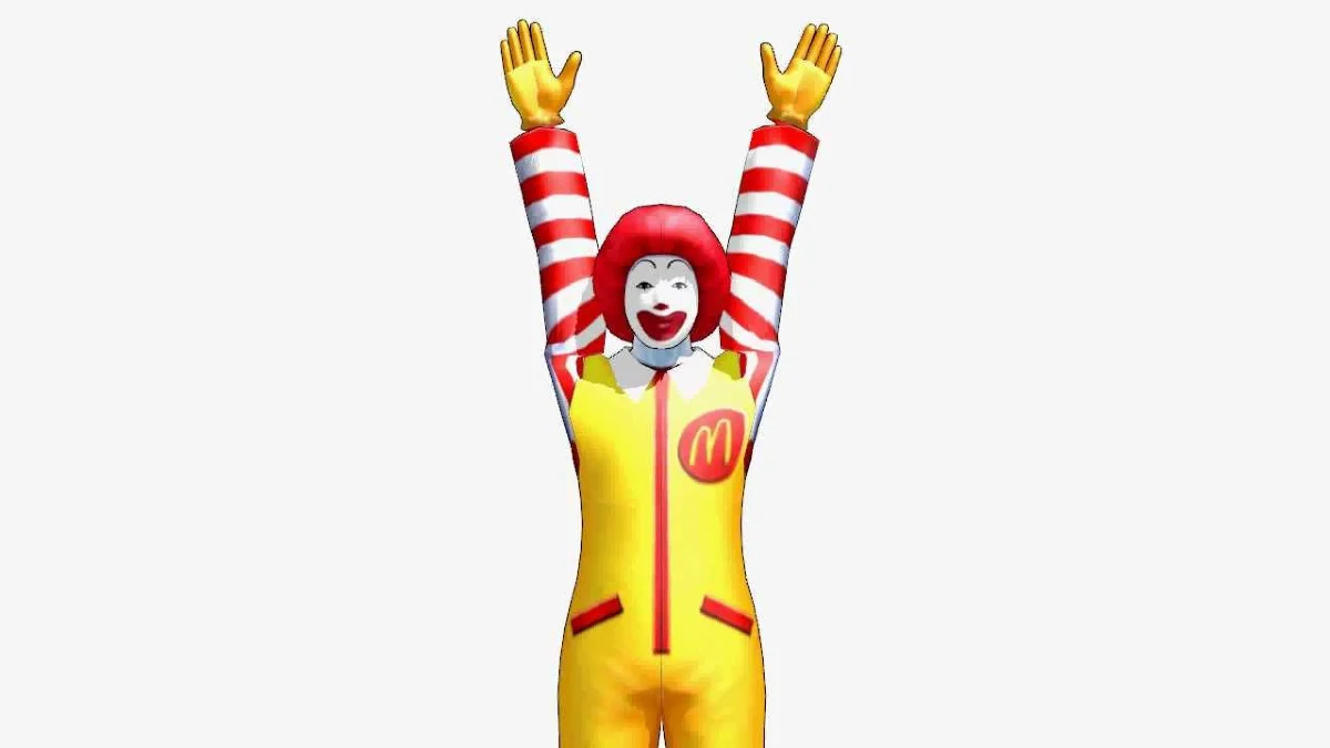 A 3D render of Donald McDonald, the Japanese Ronald McDonald character made famous by the viral 'Ran Ran Ru' McDonald's Japan commercials.