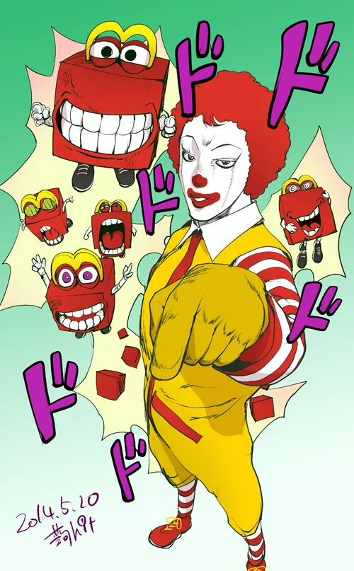 Japanese fan art of Donald McDonald in a dynamic punching pose with McDonaldland characters and dramatic 'ド' (do) sound effects, created in May 2014.