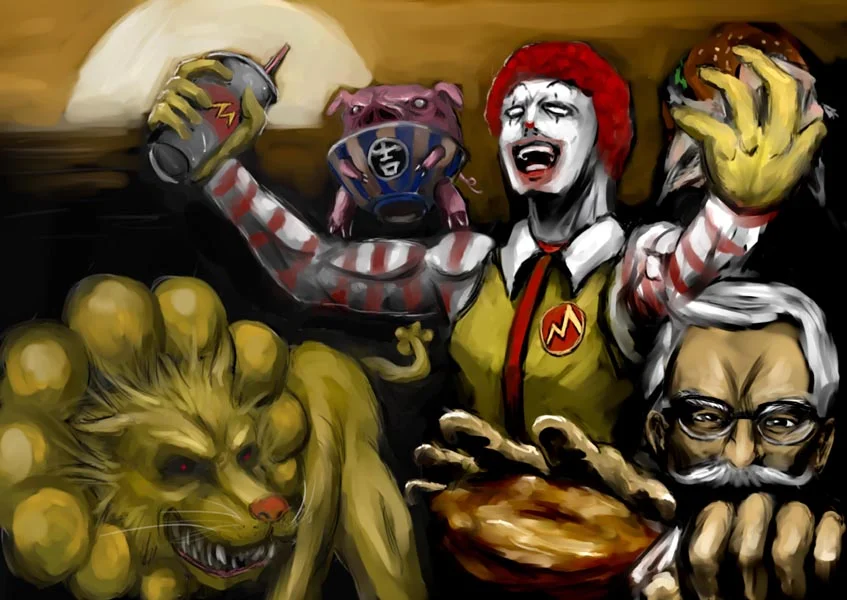 A piece of dark fan art depicting a nightmarish version of Ronald McDonald alongside other fast food mascots, reflecting the surreal horror aesthetic of Ran Ran Ru remixes.