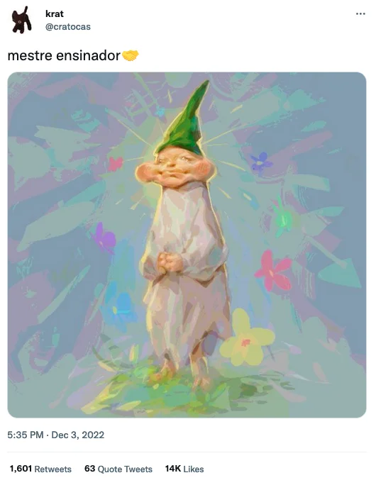 The December 2022 tweet by @cratocas introducing the 'Mestre Ensinador' painterly variant to the meme.