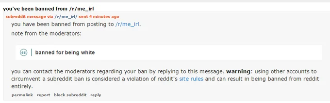 Subreddit ban message from r/me_irl.