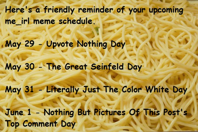 Surreal community event schedule on spaghetti.