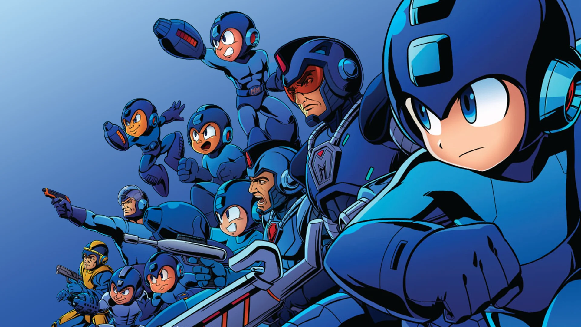 A cover illustration featuring the many incarnations of Mega Man throughout Capcom's long-running franchise, from the original Blue Bomber to Mega Man X and beyond.