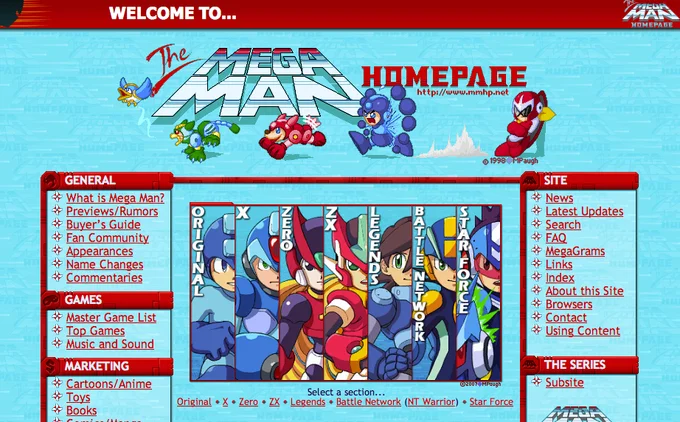 A screenshot of The Mega Man Homepage (mmhp.net), one of the longest-running Mega Man fan sites dating back to 1998.
