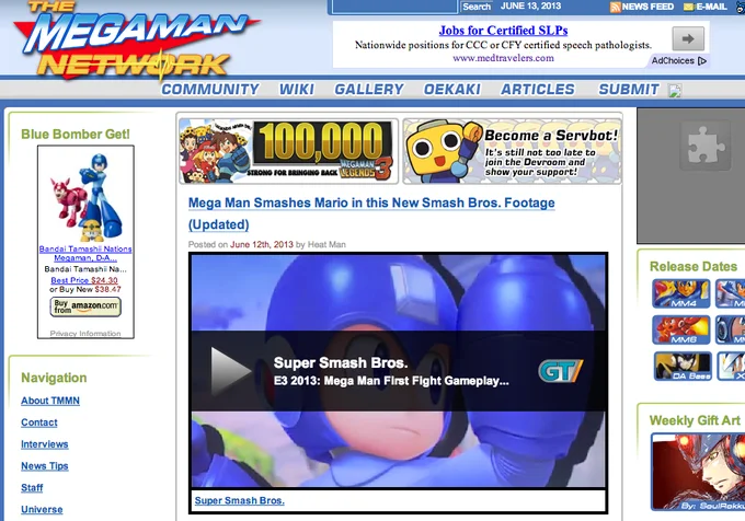 The Mega Man Network fan site covers Mega Man's reveal as a playable fighter in Super Smash Bros. at E3 2013.