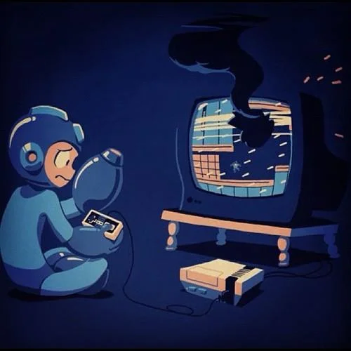 A poignant fan illustration of Mega Man himself playing his own NES game, reflecting on the series' 8-bit legacy.