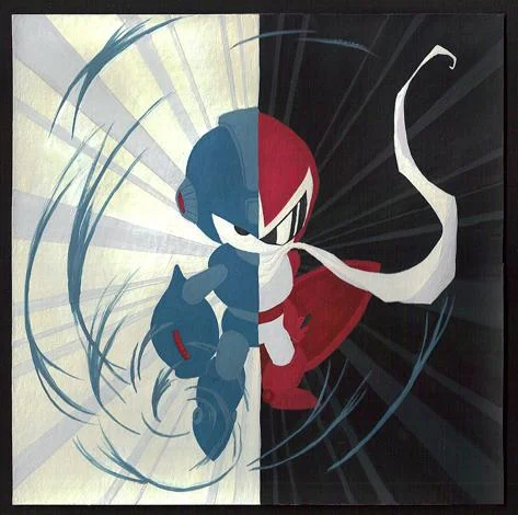 A dual-portrait artwork contrasting Mega Man and his mysterious brother Proto Man as light and dark counterparts.