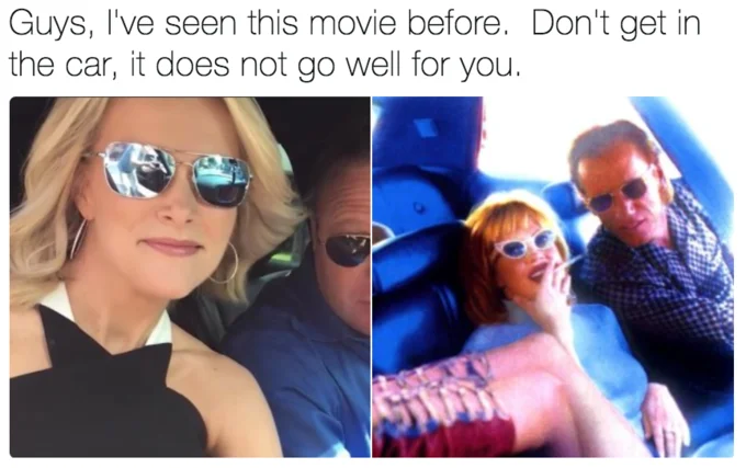 A joke pairing the Infowars selfie with a still from 'Kalifornia,' warning viewers about the ride ahead.