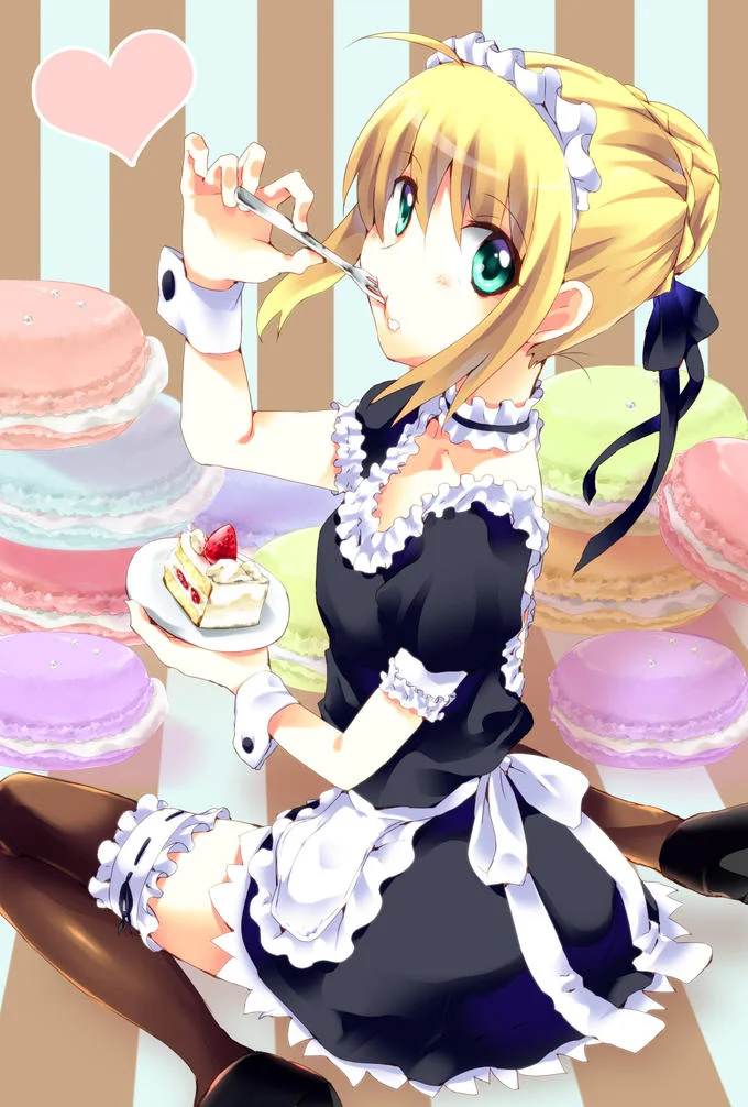A blonde anime maid enjoys a dessert, showcasing the classic frilled meido outfit paired with the maid café aesthetic.