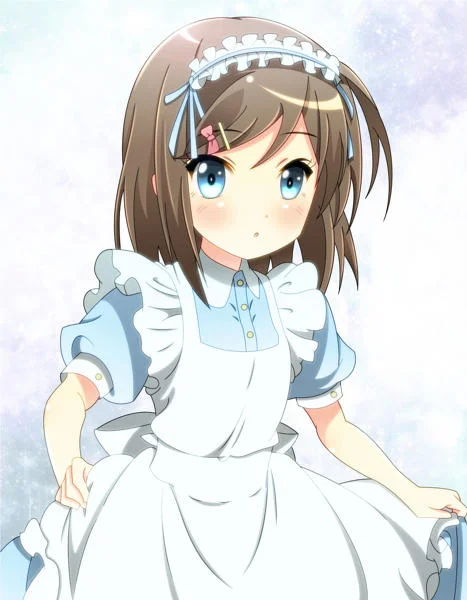 A young anime maid in a light blue variant of the meido outfit, blending Alice-style aesthetics with the classic maid look.