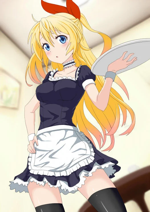 Chitoge from "Nisekoi" depicted in a classic meido outfit, holding a serving tray in a café setting.
