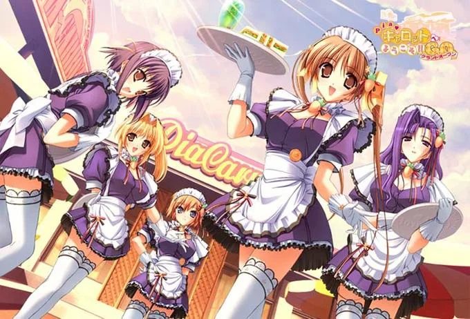 Promotional art from the "Pia Carrot" series, an iconic visual novel franchise centered on maid café workers.