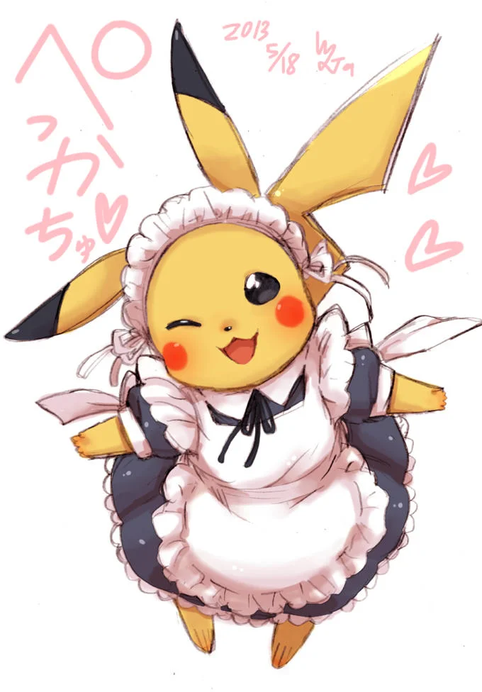 A humorous fan illustration of Pikachu dressed in a full meido outfit, showing the trope's spread into mascot and crossover art.